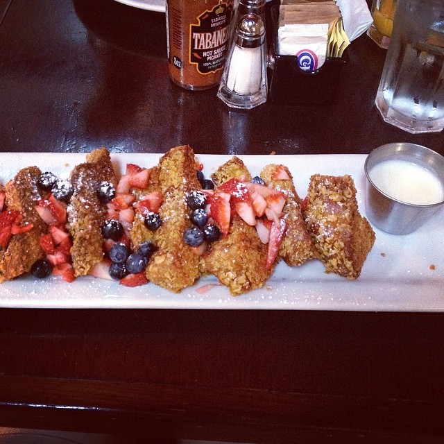 This was absolutely the BEST FRENCH TOAST I have ever had. It was some sort of egg brioche that was then covered in frosted flakes and came with a vanilla bean sauce that was heavenly. The fruit was also a fantastic touch.